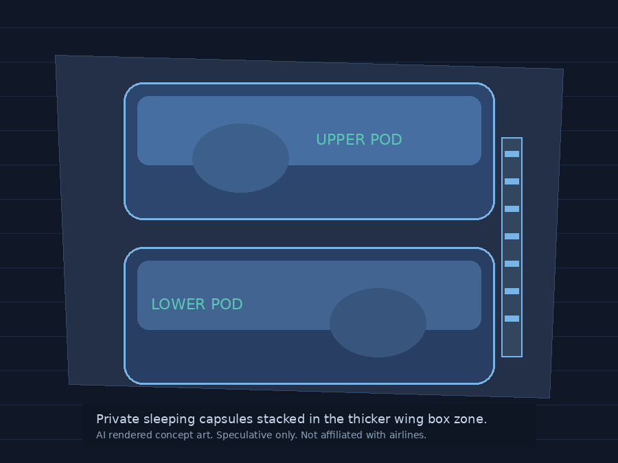 Concept close up of upper and lower private sleeping capsules stacked in wing box volume