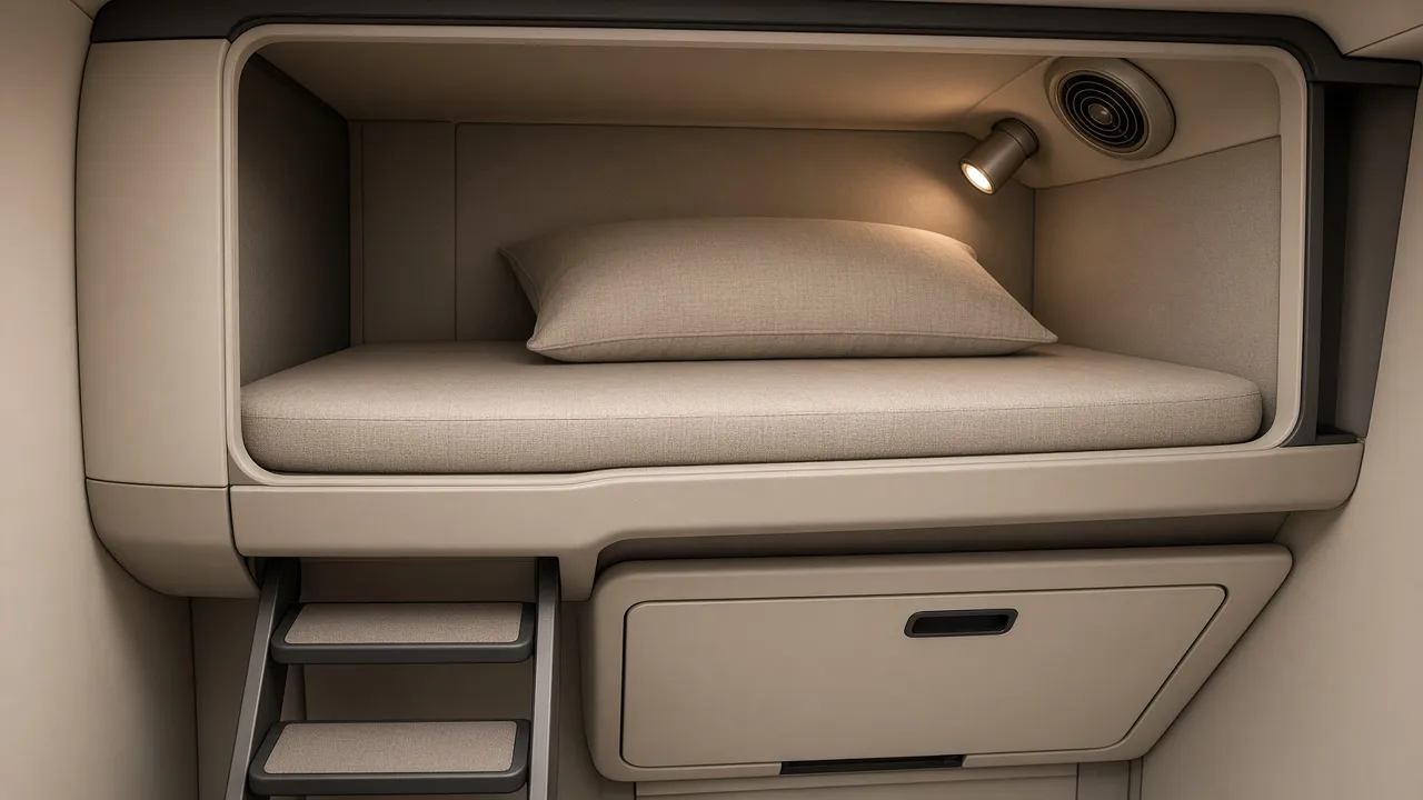 Photorealistic AI concept render of an open upper sleeping capsule with a mattress, reading light and short ladder below