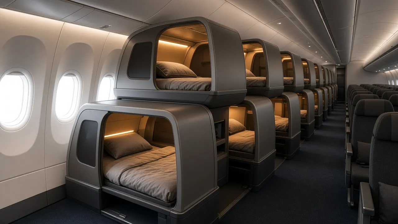 Photorealistic AI concept render of stacked private sleeping capsules along a widebody cabin over the wing with economy seats beside them
