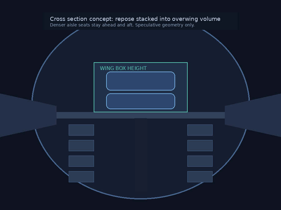 Cross section concept showing capsule bunks using over the wing height while denser seats remain ahead and aft