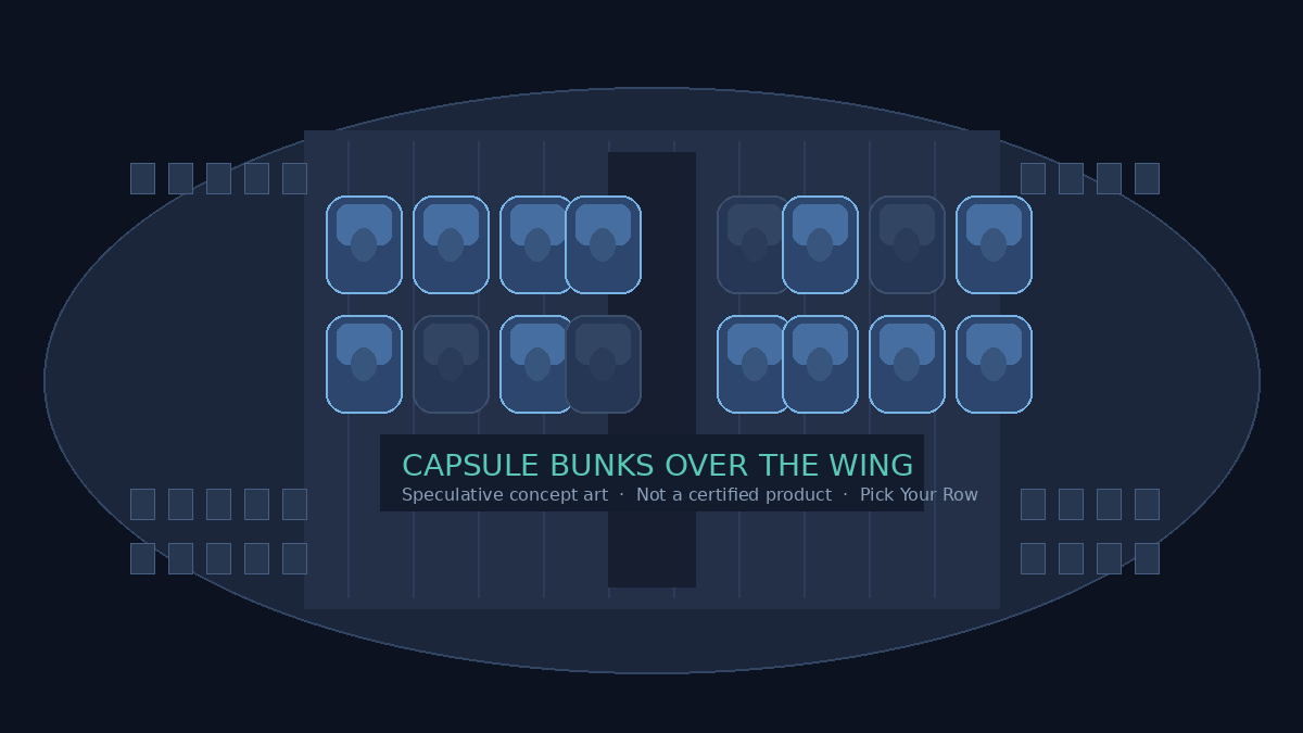 Concept render of a widebody cabin with stacked sleeping capsules in the thicker over the wing zone and denser seats ahead and aft