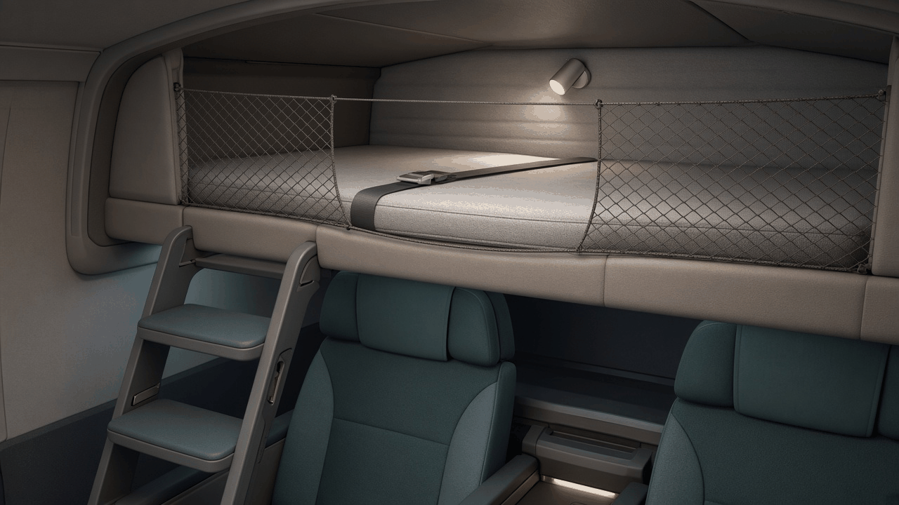 Concept close up of a padded child loft with safety netting, a reading light, a restraint strap, and a fold out ladder above two parent seats