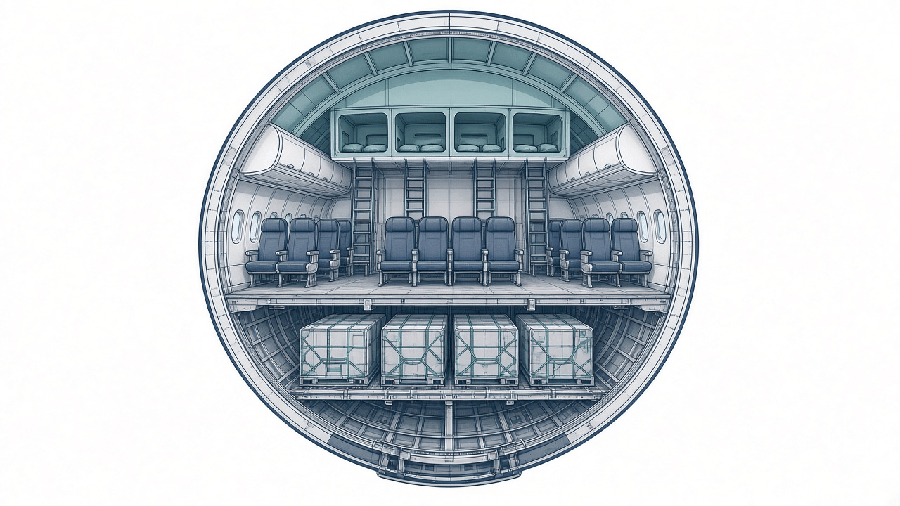 Cross section concept of a widebody fuselage with cargo below, seats on the main deck, and child lofts in the center crown where center overhead bins would normally sit
