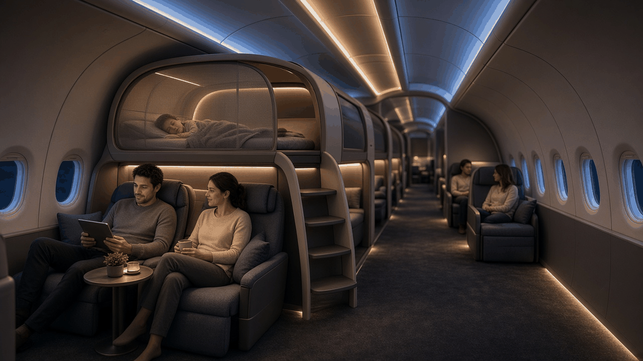 Concept render of a widebody night cabin where parents relax in seats at floor level while a child sleeps in an enclosed loft above them, reached by a short built in stair