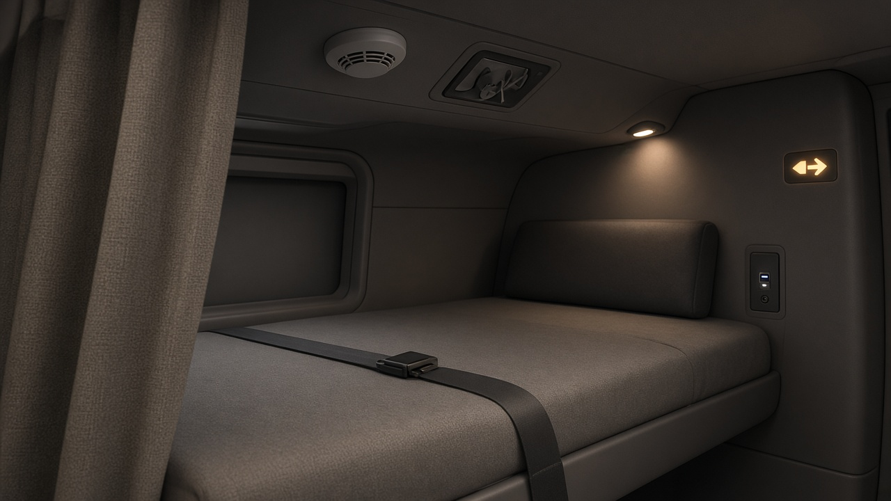 Concept close up of a single enclosed bunk with a mattress restraint strap, oxygen panel, smoke detector, reading light, charging port and a privacy curtain