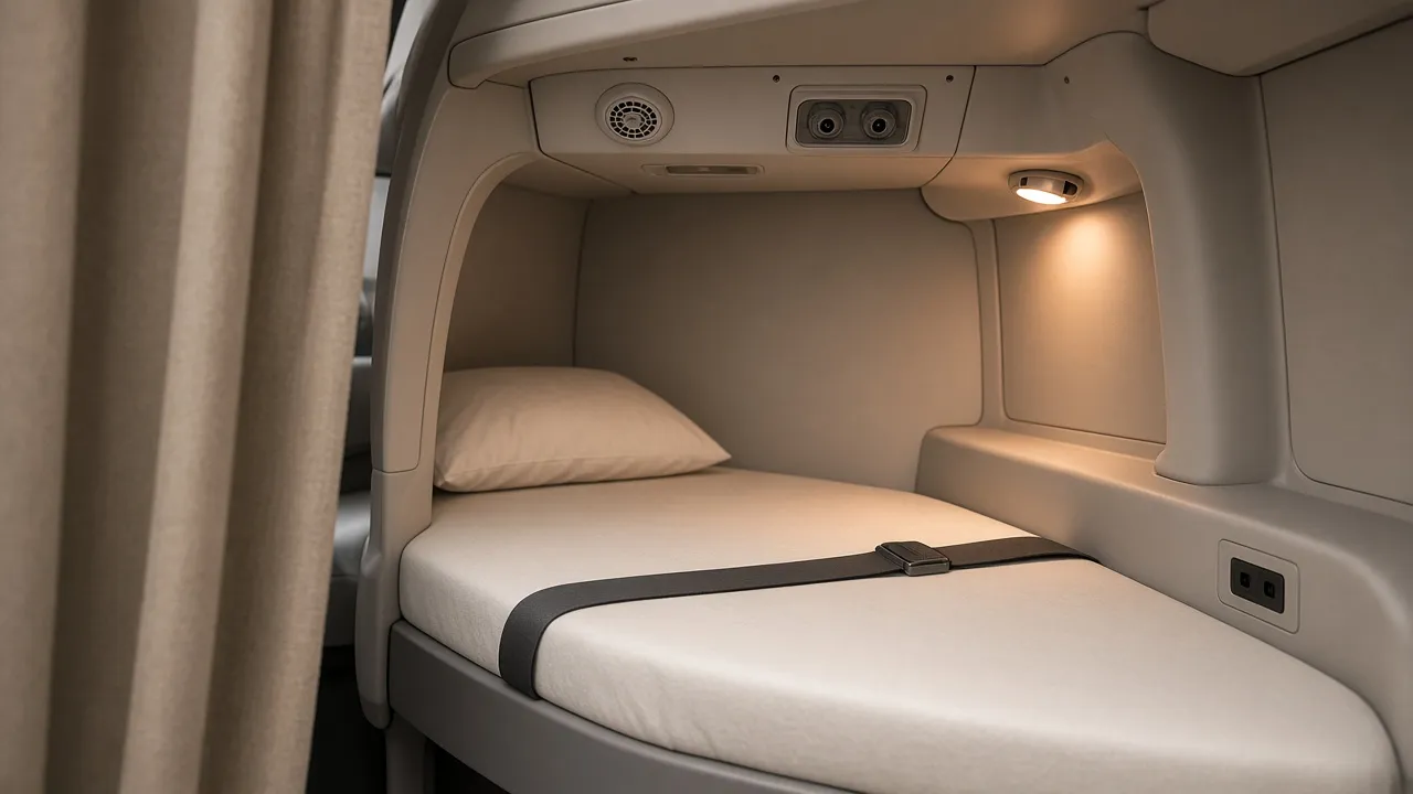 Photorealistic AI concept render of one enclosed bunk with a restraint strap, oxygen panel, reading light and charging port