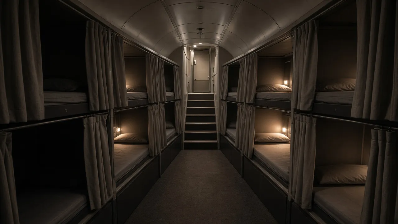 Photorealistic AI concept render of a lower deck bunk room with curtained stacked bunks either side of a lit walkway and a stair up to the main cabin