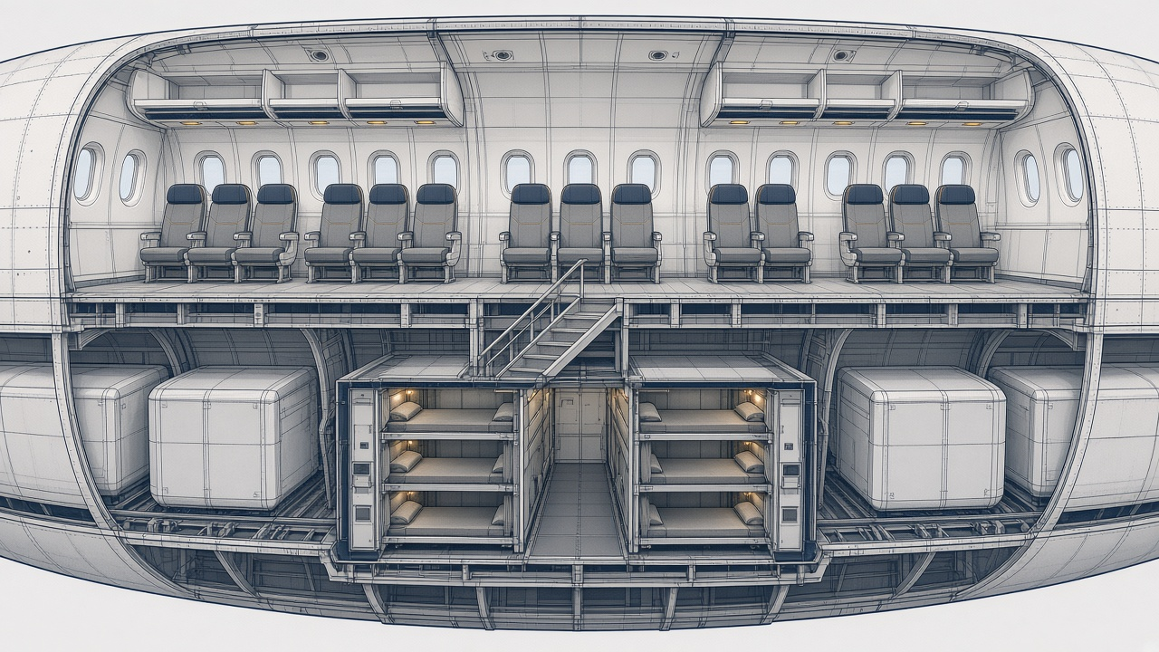Cutaway concept of a widebody fuselage with economy seats on the main deck and a sleeper module with stacked bunks in the lower deck between cargo containers, linked by a stair