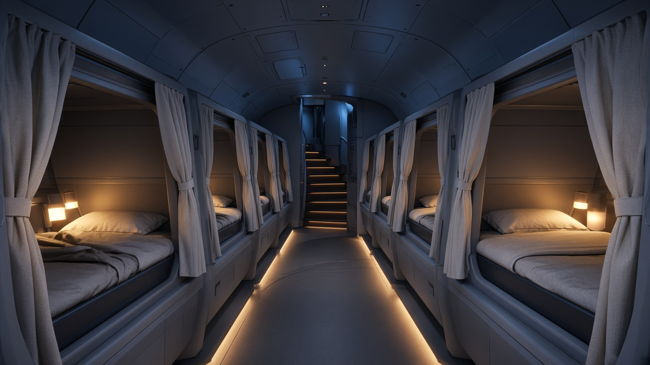Concept render of a quiet sleeper room inside an airliner lower deck, with curtained bunks on both sides of a lit walkway and a stair rising to the main cabin