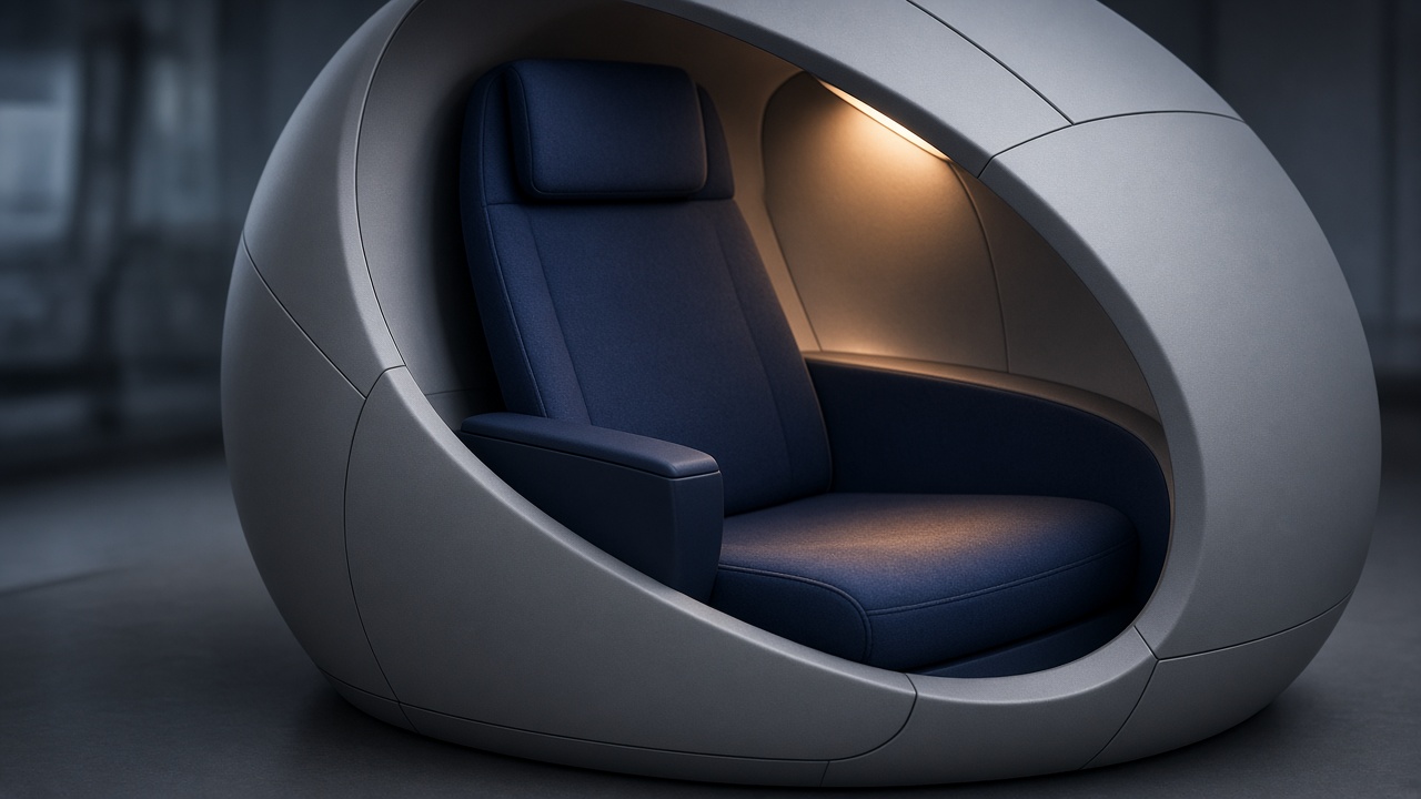 Concept close up of a single seat with a rotating privacy shell mid turn between upright and cocoon