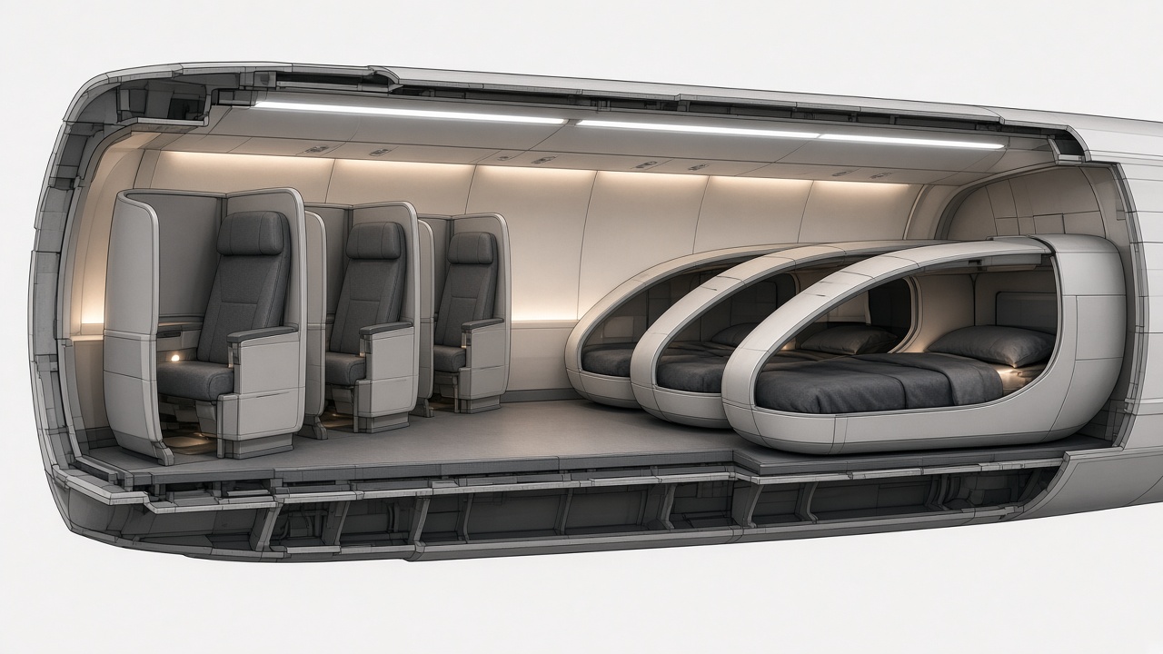 Cross section concept showing upright shells on one side and rotated sleep cocoons on the other