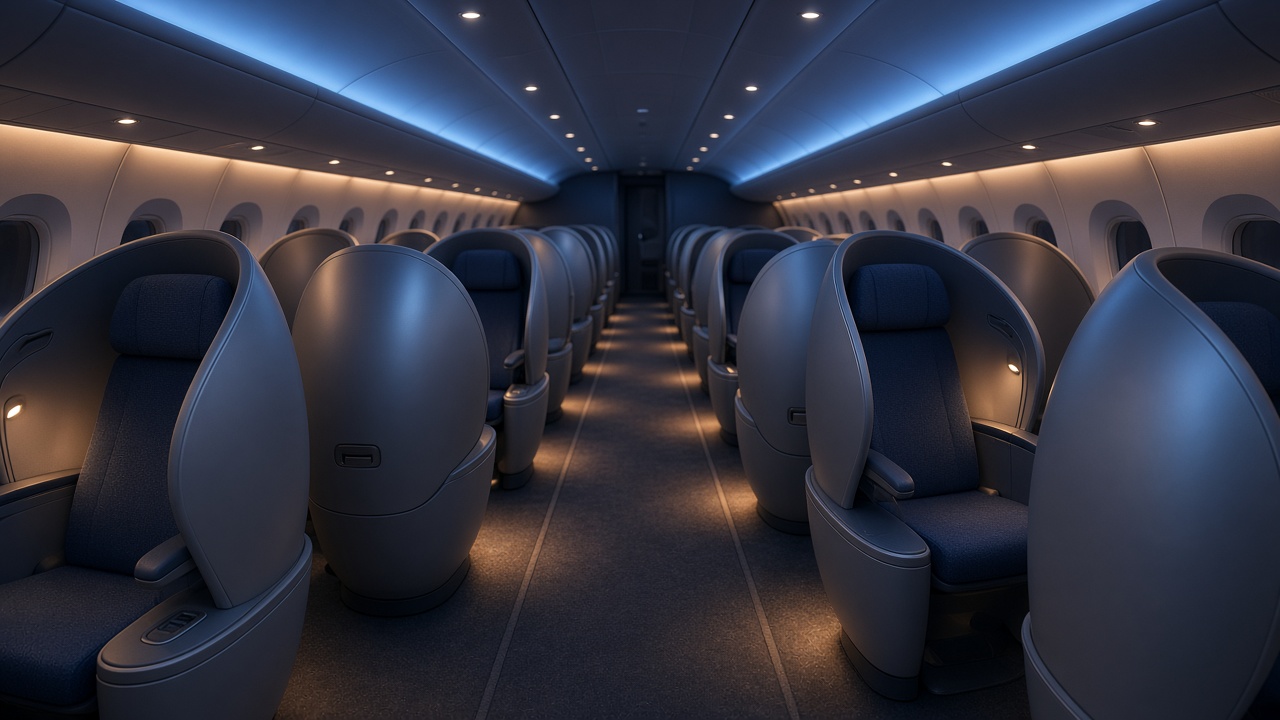 Concept render of an economy cabin aisle lined with seats that use rotating privacy shells, some open upright and some closed as sleep cocoons