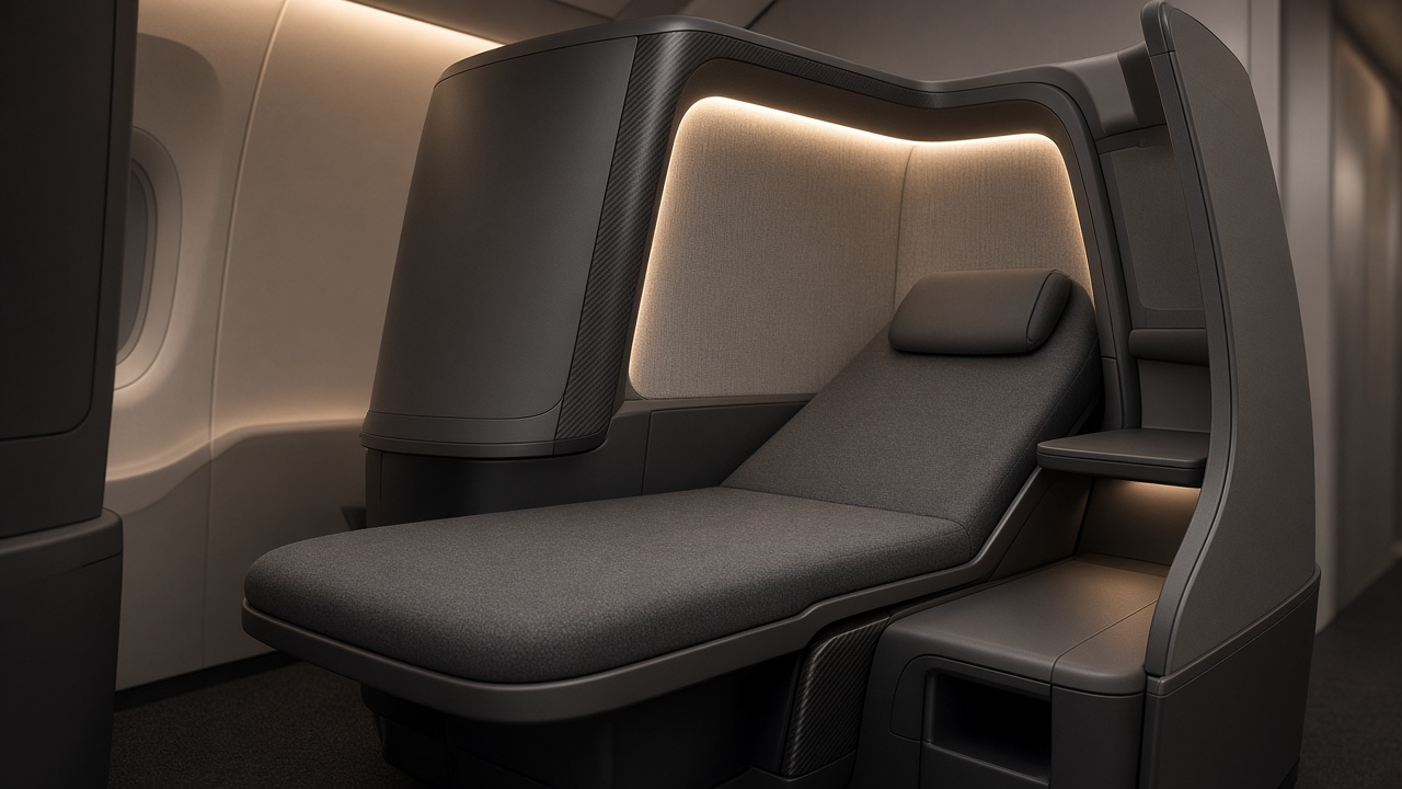 AI concept close-up of a privacy-shell seat that reclines toward flat using vertical cabin volume