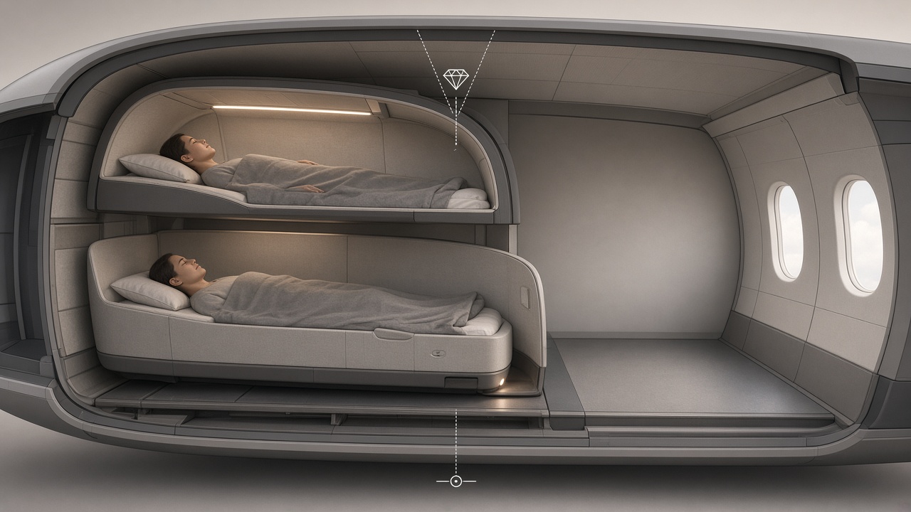 AI concept cabin cross-section showing stacked nearly flat sleep positions using cabin height