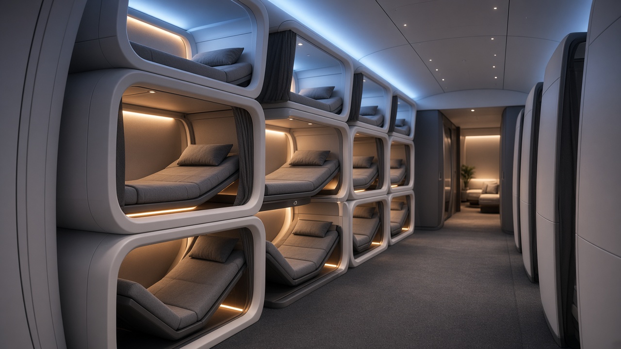 AI concept render of a cabin aisle lined with stacked vertical sleep pods using floor-to-ceiling height