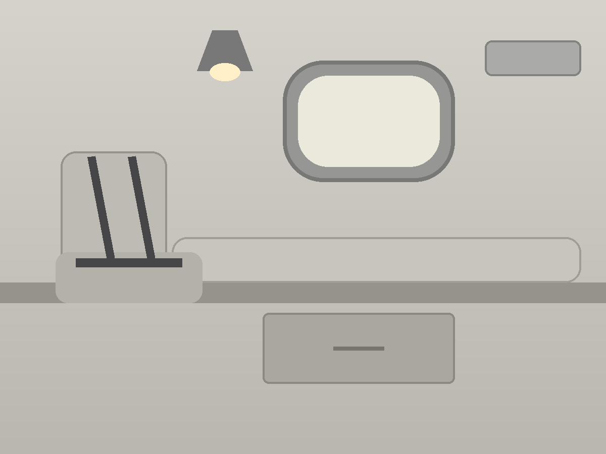 Concept side view of a side facing seat with a shoulder harness beside a flat mattress that extends into a flat mattress running along the cabin wall under a window, with a reading light and a storage drawer below