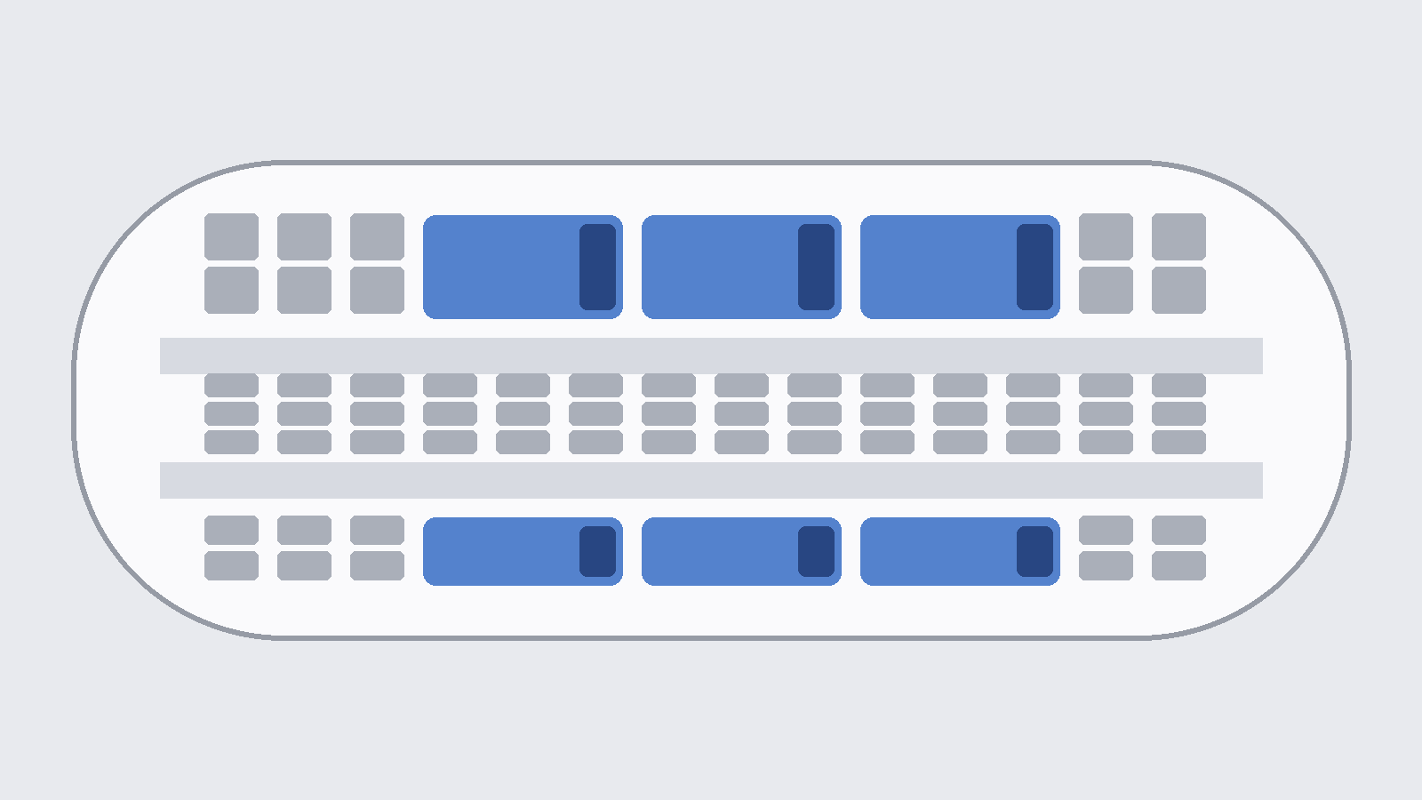 Top down concept plan of a cabin zone with rows of forward facing economy seats in the middle and blue lengthwise daybeds tucked against the curved sidewalls, each with a small side facing seat at one end