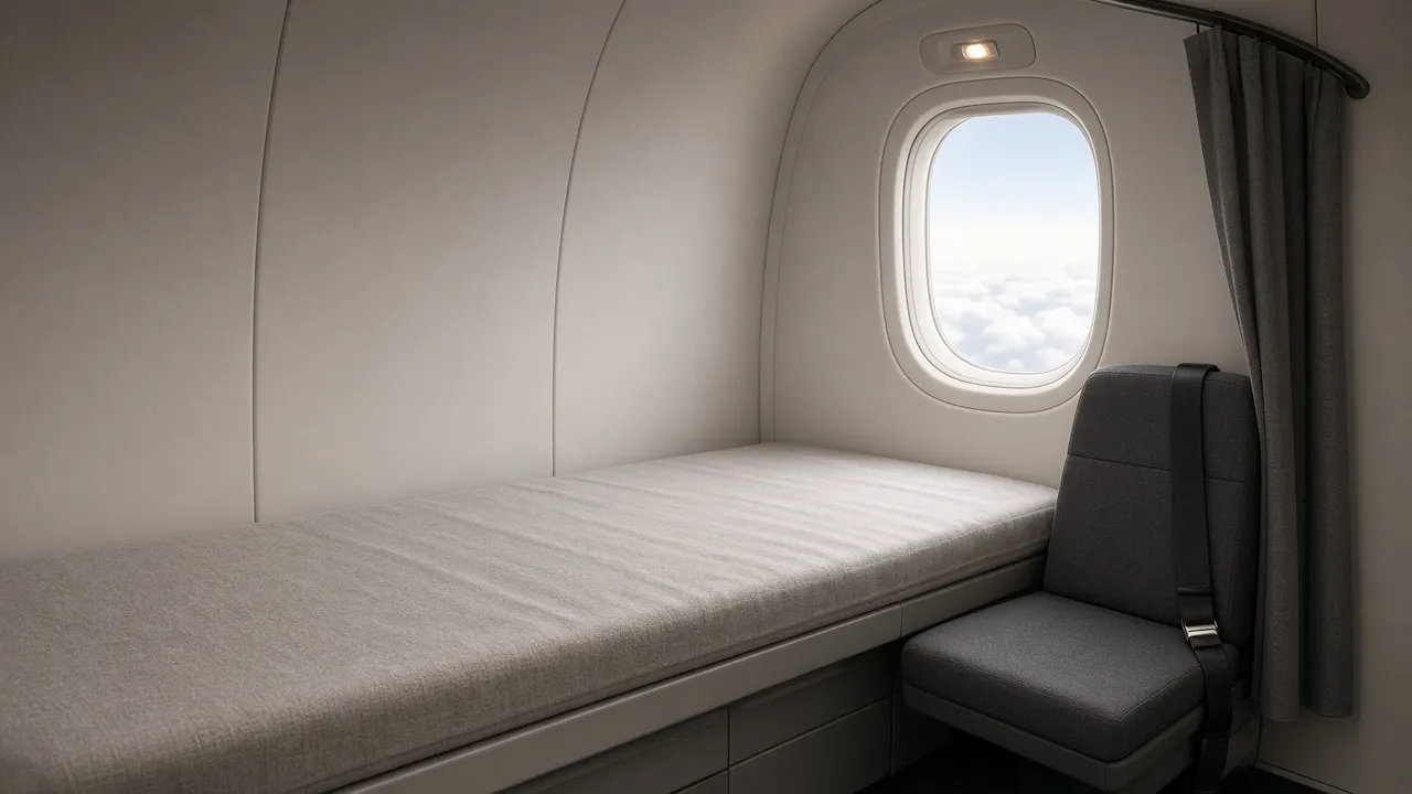 Photorealistic AI concept render of one daybed along the cabin wall under a window, with a side facing seat and shoulder harness at its end