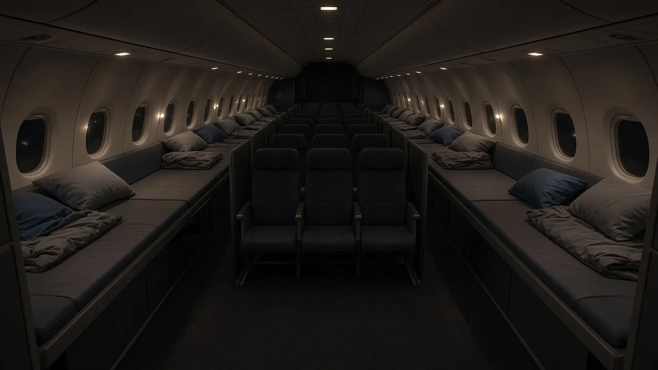 Photorealistic AI concept render of a widebody cabin at night with flat daybeds running lengthwise under the windows on both sides and economy seats in the center