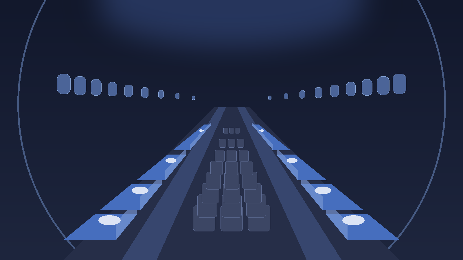 Concept illustration looking down a dark widebody cabin at night, with long daybeds running lengthwise under the windows on both sides and forward facing economy seats in the center