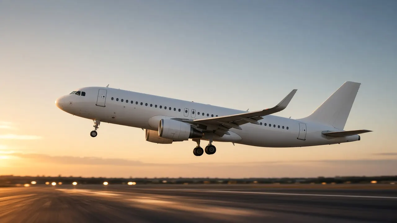 White narrowbody airliner lifting off a runway at golden hour