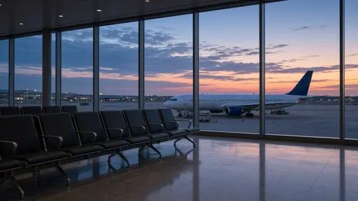 Empty airport gate seating with a parked airliner visible through the windows at dusk