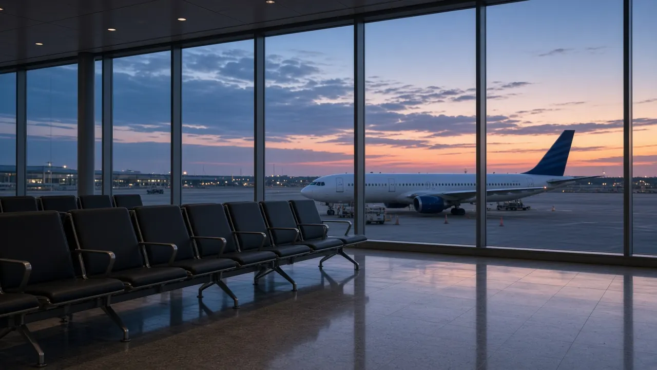 Empty airport gate seating with a parked airliner visible through the windows at dusk
