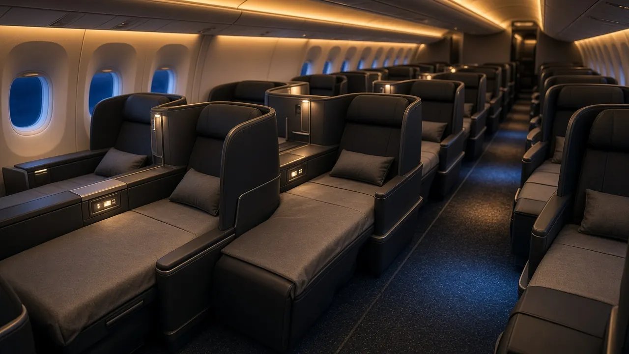 Airliner business class cabin with lie flat seats under warm evening lighting
