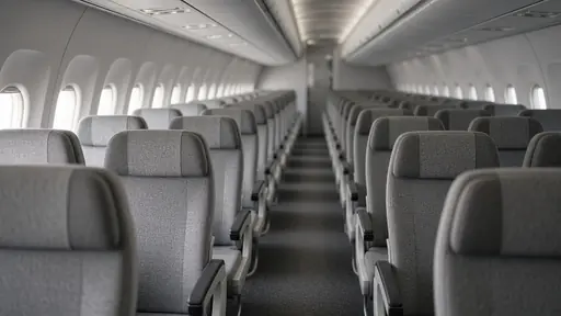 Empty airliner economy cabin with rows of grey seats on both sides of the aisle