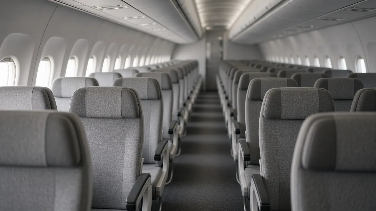 Empty airliner economy cabin with rows of grey seats on both sides of the aisle