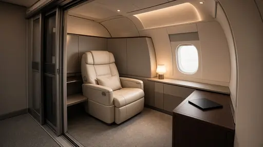 Private first class suite with a cream leather seat, side table and window