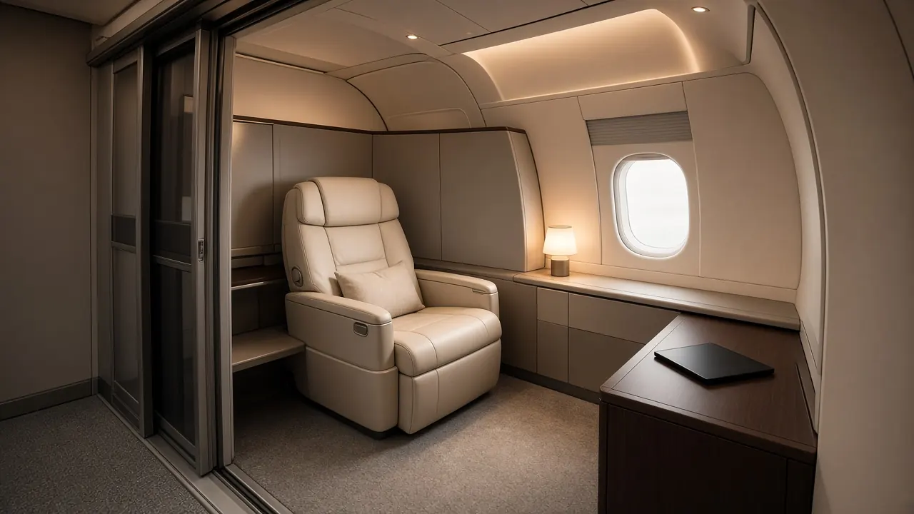 Private first class suite with a cream leather seat, side table and window