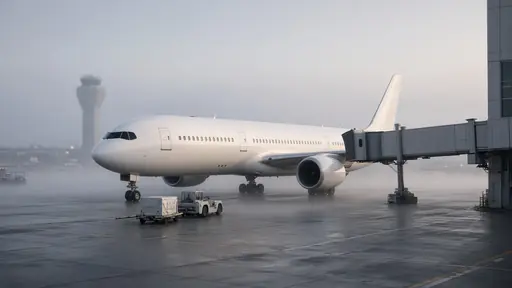 White widebody airliner parked at a gate with a jet bridge on a misty morning