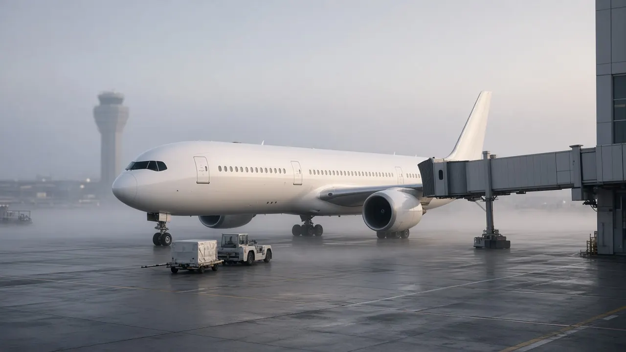 White widebody airliner parked at a gate with a jet bridge on a misty morning